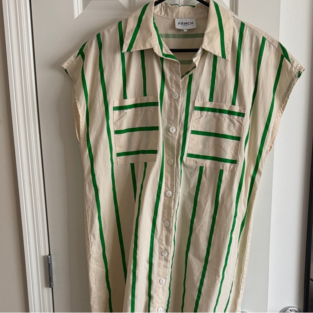 FRNCH Cream Button-Front Shirt Dress with Green Stripes